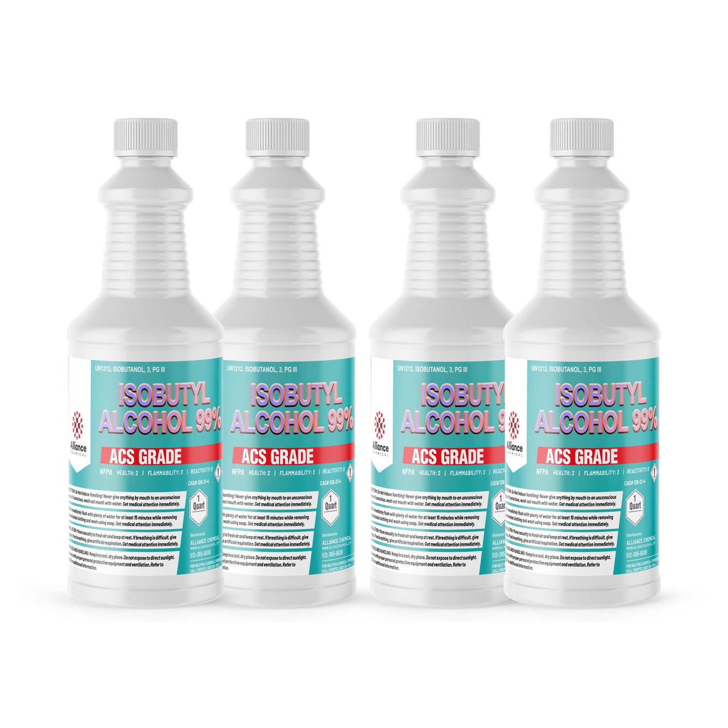 4x1 quart Isobutyl Alcohol 99% ACS Grade in white HDPE bottles with teal labels, NFPA diamond warnings, UN1212 marking, and flammability symbols.